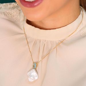 Colar em Banho de Ouro 18k Zircônia Aqua e Pérola Biwa - CL1423