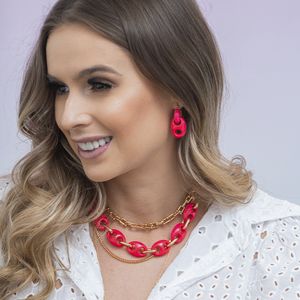 Colar em Banho de Ouro 18k Elos Acrílicos Pink - PL7960