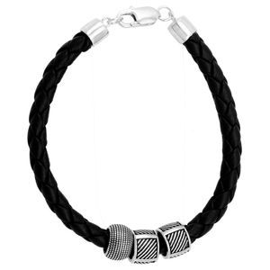 Pulseira Masculina em Prata 925 Couro Preto com Separadores - PL10046