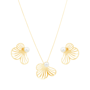 Conjunto em Banho Ouro 18K Flor com Pérola - PL19848