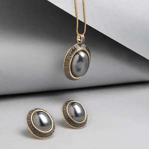 Conjunto em Banho Ouro 18K Pérola Shell Grafite - PL20901