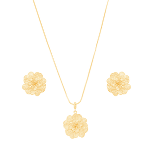 Conjunto em Banho Ouro 18K Flor 3D - PL21150