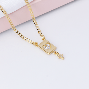 Colar Placa Coração e Pingente Cruz Cravejados em Banho de Ouro 18K - PL23158