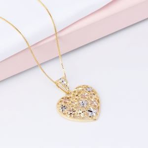 Colar Coração Tricolor com Flores em Banho de Ouro 18K - PL23875