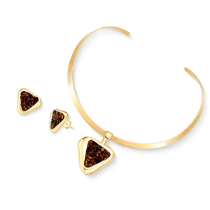 Conjunto Triangulo Aro Olho de Tigre em Banho Ouro 18K - PL24110