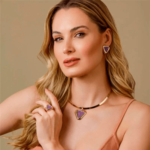 Conjunto Triangulo Aro Olho de Tigre em Banho Ouro 18K - PL24110