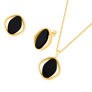 Conjunto Geométrico Ágata Negra e Coração em Banho de Ouro 18K - PL24117